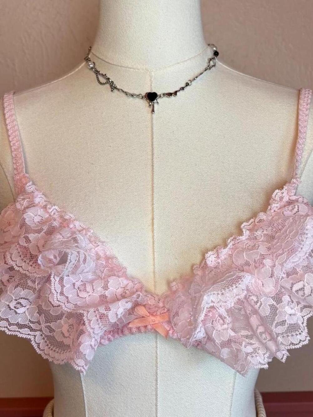 pink lace ruffle bralette top nylon coquette fairy
